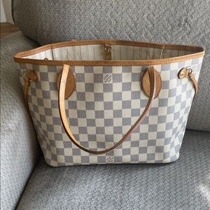 Louis Vuitton Damier Azur Checkered Shoulder Tote in Cream and Tan Leather Trim
